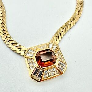 Vintage Dior Gold Necklace Amber Rhinestone Chain 80s 90s
